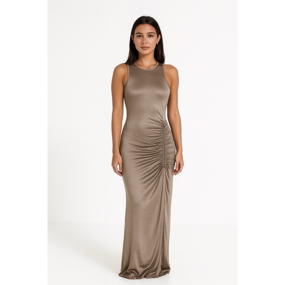 Revolve x House of Harlow 1960 Ruched Satin Dress - Taupe - Picture 1 of 9